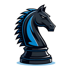 Dark black and blue  chess knight  piece isolated on white background. Top quality knight chess piece in white