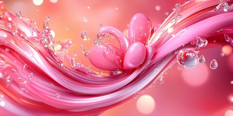 Flowing pink liquid with bubbles and flower shapes creating a dynamic, vibrant display