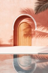 Fototapeta premium Soft pink walls embrace wooden door, reflecting serene palm shad
