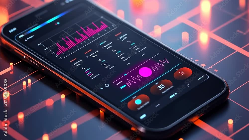 Poster mobile phone displaying data analytics, futuristic background