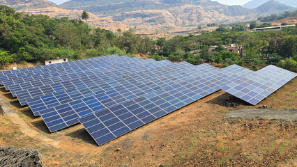 Solar panel system near mountain range in Igatpuri, Maharashtra India.