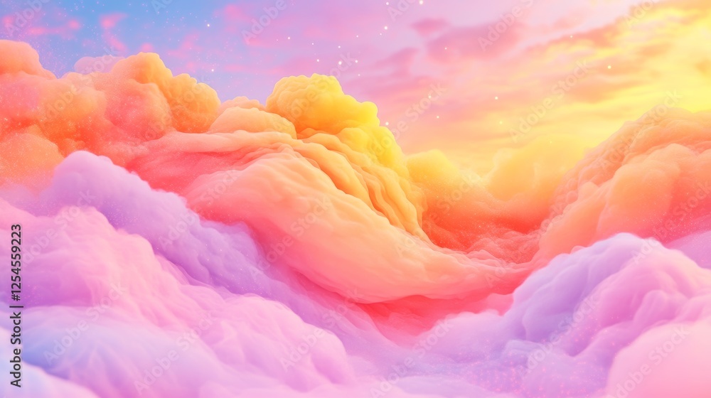 Poster Dreamy pastel cloudscape in vibrant hues of pink, orange, and yellow.  A beautiful, ethereal scene.