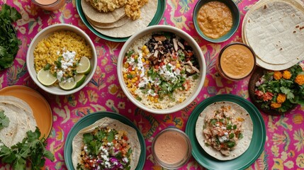 Brightly colored dishes arranged on patterned tablecloth, showca