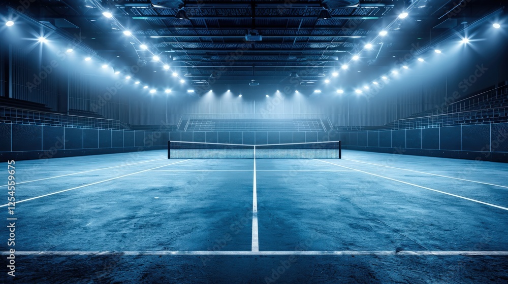 Poster futuristic indoor tennis court with advanced lighting system and smooth blue surface surrounded by s