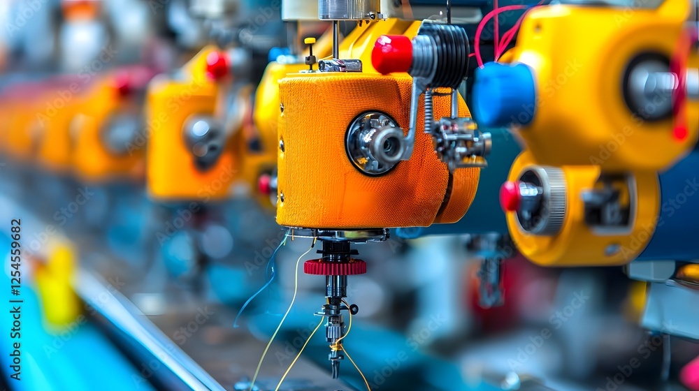 Poster a row of vibrant automated industrial sewing machines in a modern well organized garment factory sho