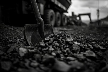 Coal shovel on a pile with tipper truck in the background on a construction site
