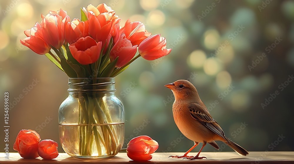 Wall mural A still life image with tulips elegantly arranged in a jar while a peaceful bird perches nearby under warm golden light