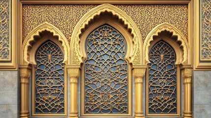 Obraz premium Ornate golden Islamic window with Arabic motifs, traditional door frame with arches, geometric patterns, and detailed designs 