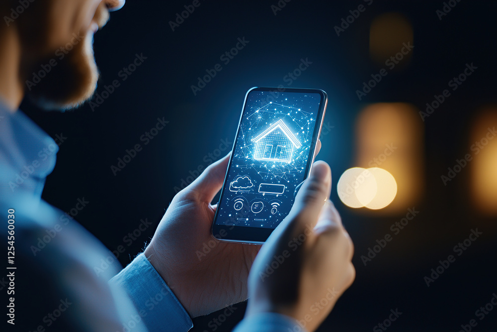 Poster person uses smartphone to control smart home features, optimizing user experiences with technology. 
