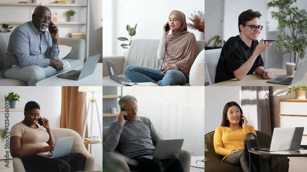 Poster a diverse group of individuals is engaged in phone conversations while working from their homes. the
