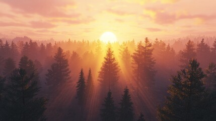 Serene Sunset Over Dense Forest with Beautiful Sunlight Rays