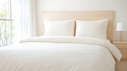 Minimalist bedroom with white bedding, natural wood headboard, and a view.  Possible use Interior design, home decor