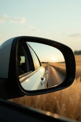 Golden Hour Drive Reflected in Side Mirror Showing Rural Road and Sunset