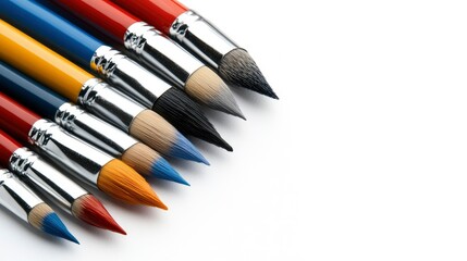Colorful Paint Brushes Arranged in a Row on White Background