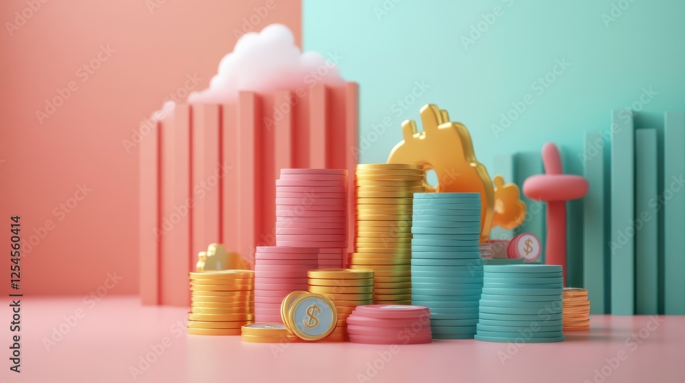 Poster a colorful arrangement of stacked coins and playful shapes against a vibrant backdrop, creating a wh