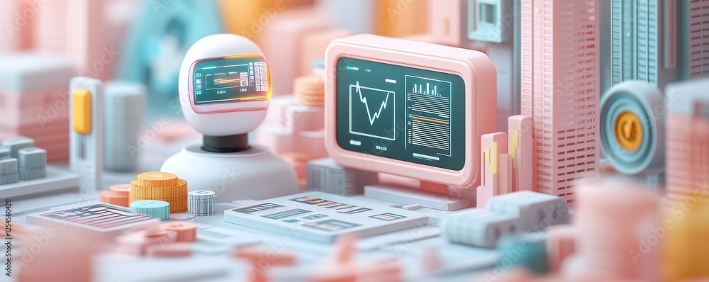 Poster a futuristic workspace featuring a robot and computer screens displaying data, set in a pastel-color