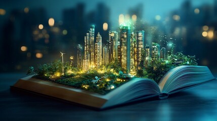 Magical Cityscape Emerging from an Open Book at Night with Glowing Lights