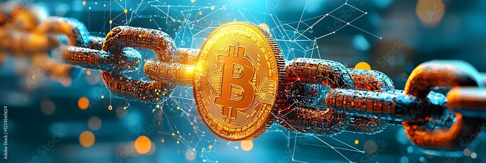 Fototapete Abstract of a golden Bitcoin cryptocurrency coin surrounded by a glowing blockchain network of interconnected nodes and digital data  Representing the decentralized secure