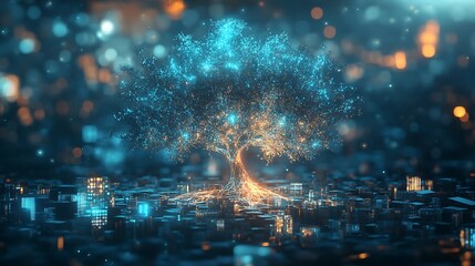 Digital Tree of Life Illuminating a Futuristic Cityscape