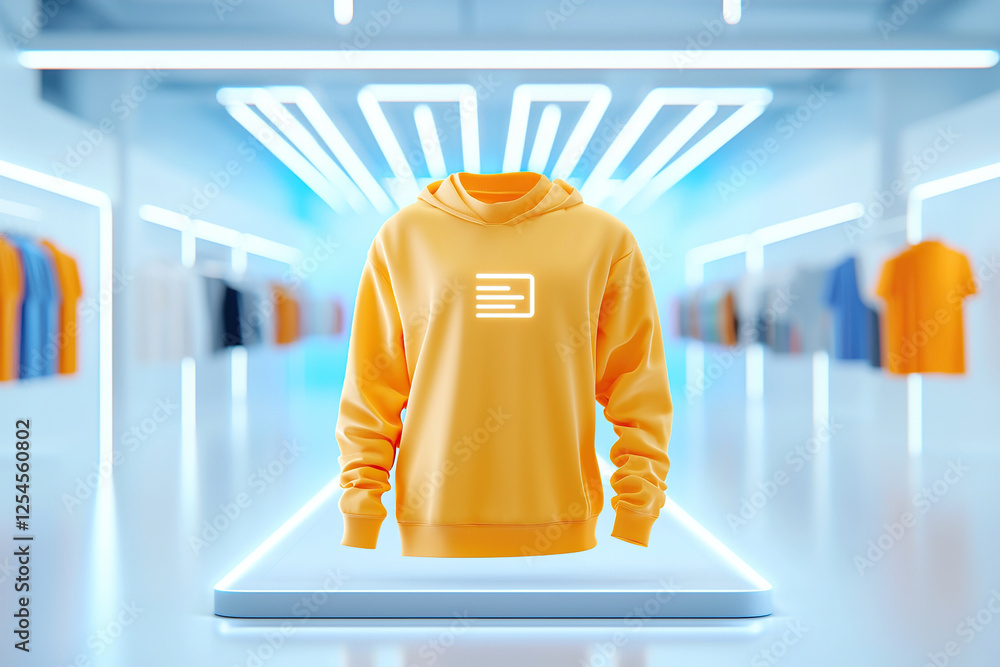Aufkleber vibrant yellow hoodie is displayed in futuristic virtual retail environment, enhancing user interact