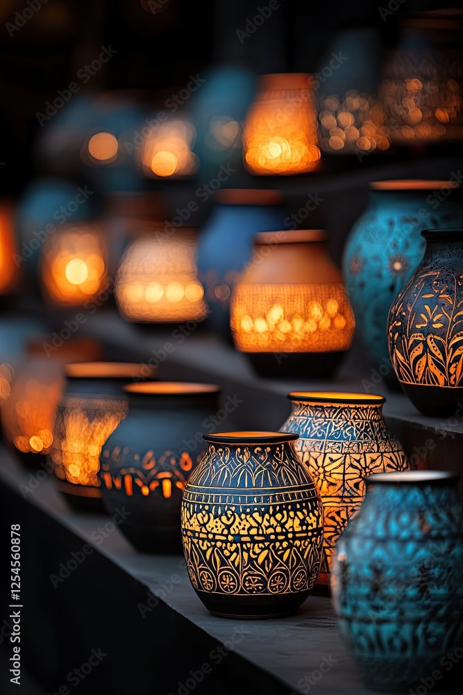 Poster illuminated pots showcase intricate patterns, creating warm and