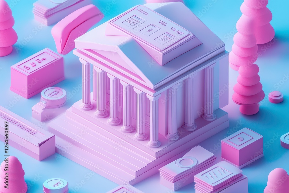 Aufkleber a stylized, pastel-colored architectural model features a classical building surrounded by geometric