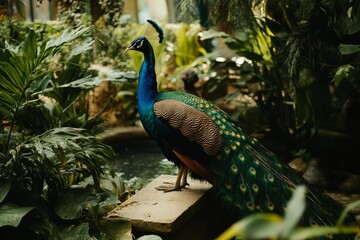 Naklejka premium A peacock displaying its feathers in a lush garden,
