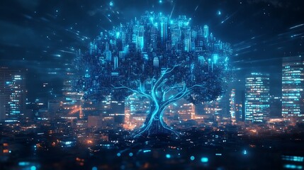 Fototapeta premium Digital Cityscape: A Futuristic Tree of Lights