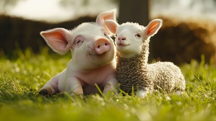 Obraz premium A piglet and a lamb playing together in a farmyard