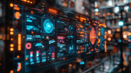 A digital display hologram HUD screen showcasing the Earth from space with an advanced technology interface, bright tones, and a blurred background, offering space for captions or text