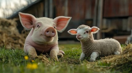 Fototapeta premium A piglet and a lamb playing together in a farmyard