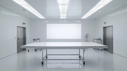 Clean and sterile laboratory environment with a central table and bright lighting, ideal for research