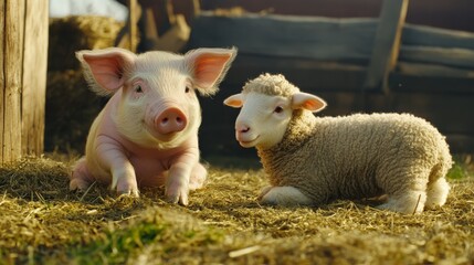 Fototapeta premium A piglet and a lamb playing together in a farmyard