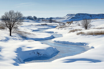 Snow-covered winter landscape with a winding river and frosted trees under a clear sky
