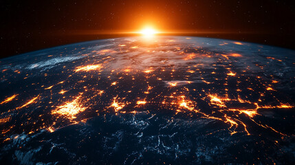 A digital display hologram HUD screen showcasing the Earth from space with an advanced technology interface, bright tones, and a blurred background, offering space for captions or text