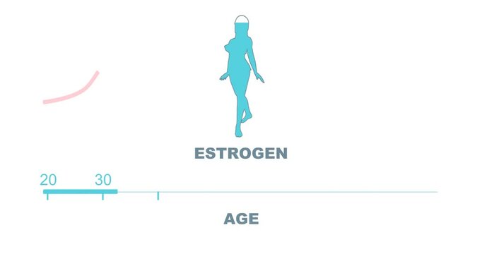 Human age scale and woman silhouette with estrogen level. The measuring progress bar. Dependence of estrogen levels on age.