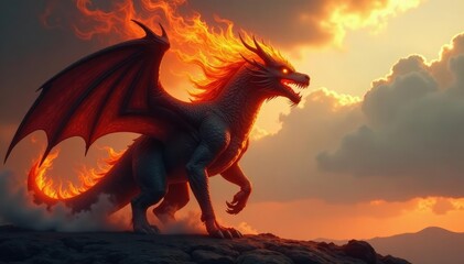 A column of flame rises from the creature's shoulders, towering, regal