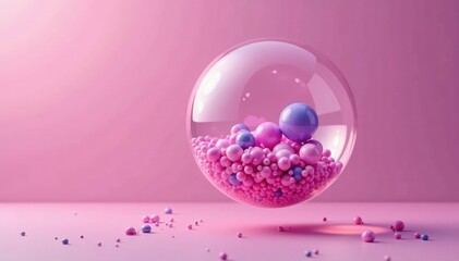 A delicate bubble filled with pink and purple marbles suspended in mid-air, pink, mid air