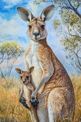 Fototapeta premium A portrait of a kangaroo with a joey in its pouch,