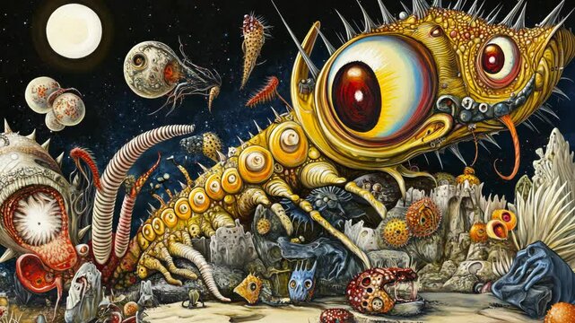 Surreal landscape featuring bizarre creatures and alien life against a cosmic backdrop
