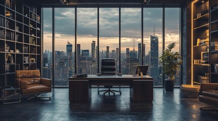Fototapeta premium Modern Office Interior with City View at Sunset in Urban Setting