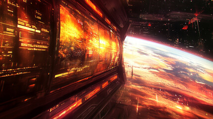 A digital display hologram HUD screen showcasing the Earth from space with an advanced technology interface, bright tones, and a blurred background, offering space for captions or text