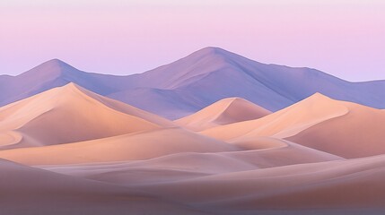 Desert sunrise, dunes, mountains, peaceful landscape, travel poster