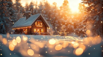 Fototapeta premium Winter Wonderland Cabin in Snowy Forest