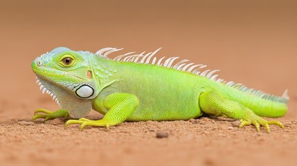 Fototapeta premium Vibrant green iguana crawling on sandy terrain with blurred background showcasing nature