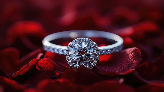 Sparkling diamond engagement ring rests on red rose petals.