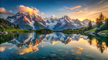 A serene dawn over Lac Blanc with majestic Mont Blanc reflected in its calm waters, surrounded by lush green mountains and trees , reflections, sunrise