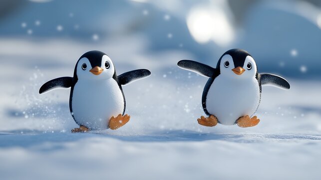 Playful Penguins Sliding Across Snowy Antarctic Terrain