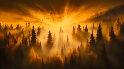 Golden Sunrise Forest Illustration