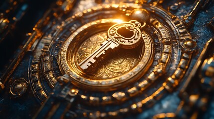 Fototapeta premium Golden key inserted in a decorated vault door discount symbols softly shining